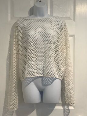 FREE KISSES White Mesh Boat Neck Oversized See Through Long Sleeve Summer Top L